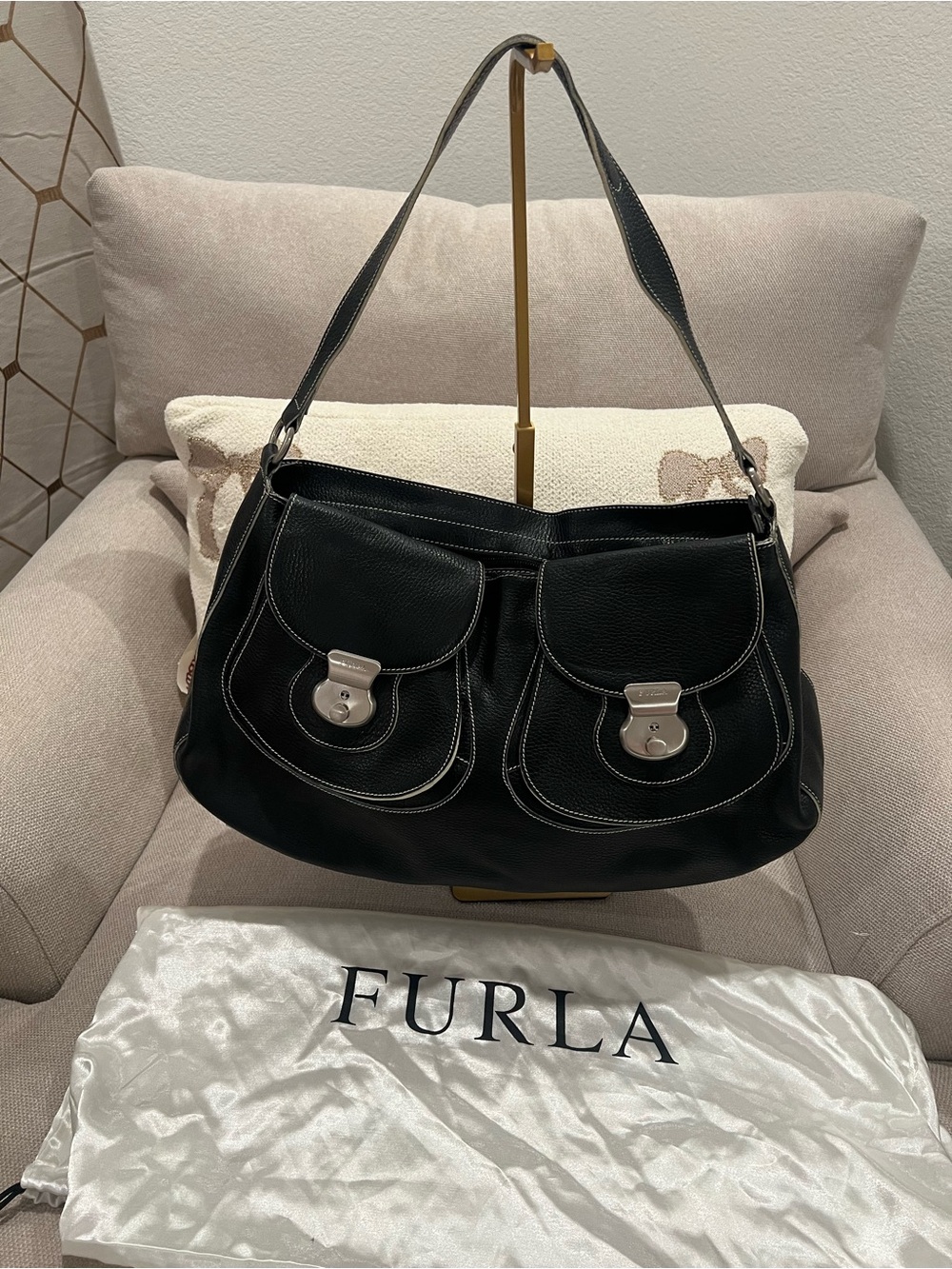Vintage Furla Black Pebbled Leather Shoulder Bag From Early 2000s.